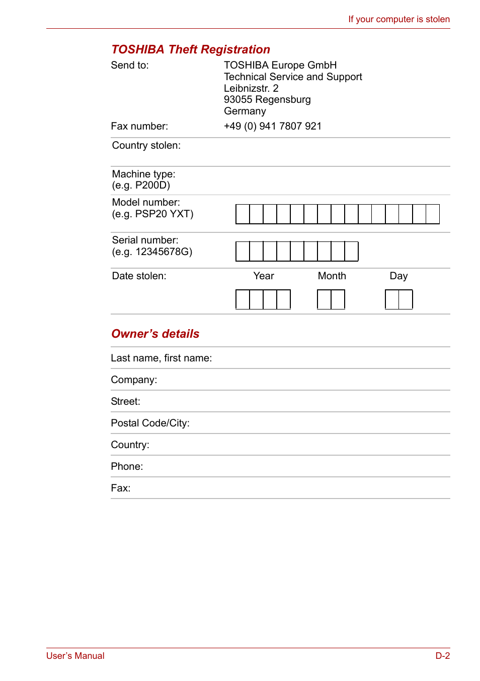 Toshiba theft registration, Owner’s details | Toshiba Satellite P200 (PSPBL) User Manual | Page 183 / 191