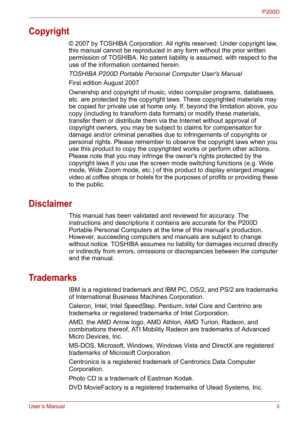 Copyright, Disclaimer, Trademarks | Toshiba Satellite P200 (PSPBL) User Manual | Page 2 / 191