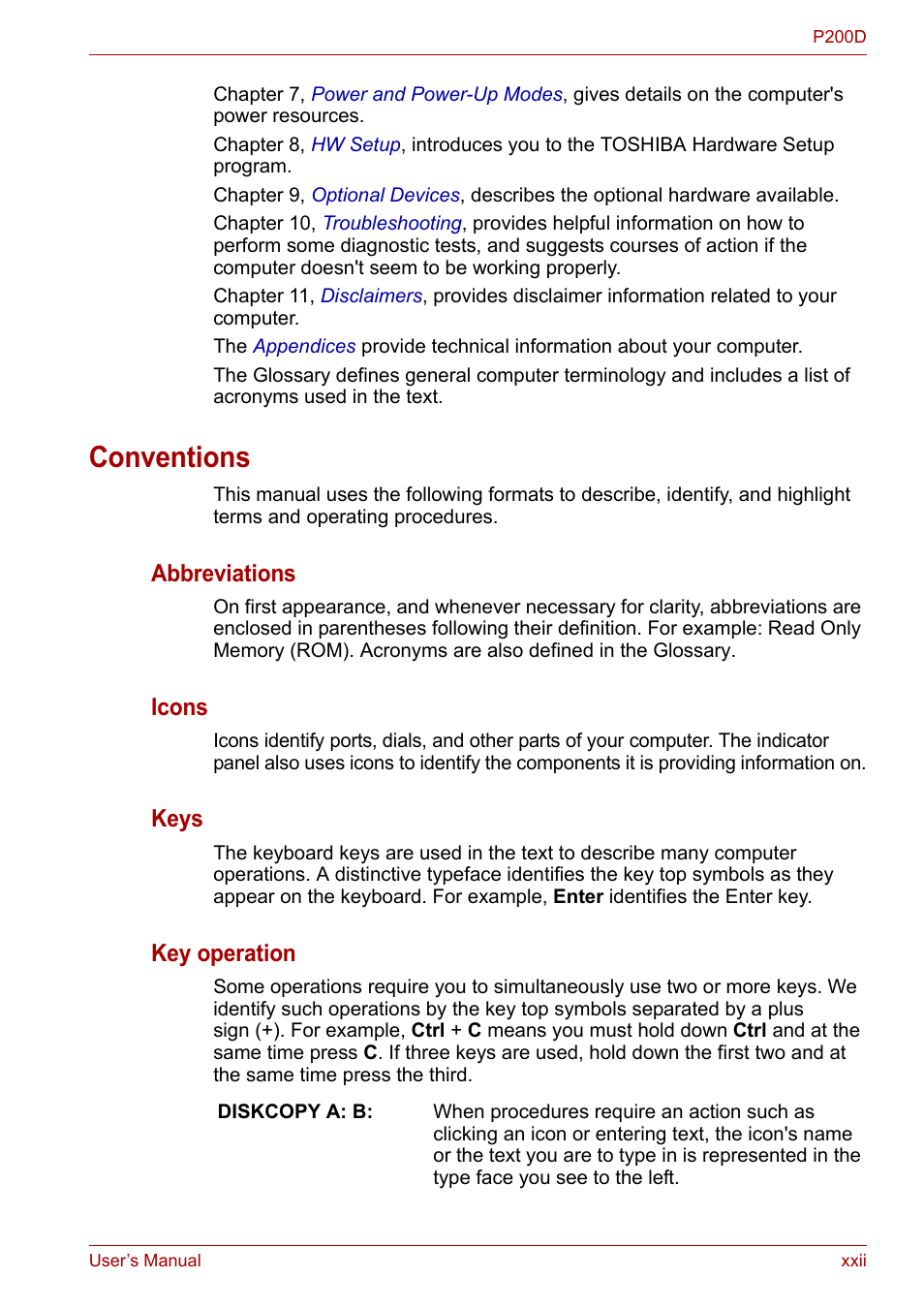 Conventions, Abbreviations, Icons | Keys, Key operation | Toshiba Satellite P200 (PSPBL) User Manual | Page 22 / 191