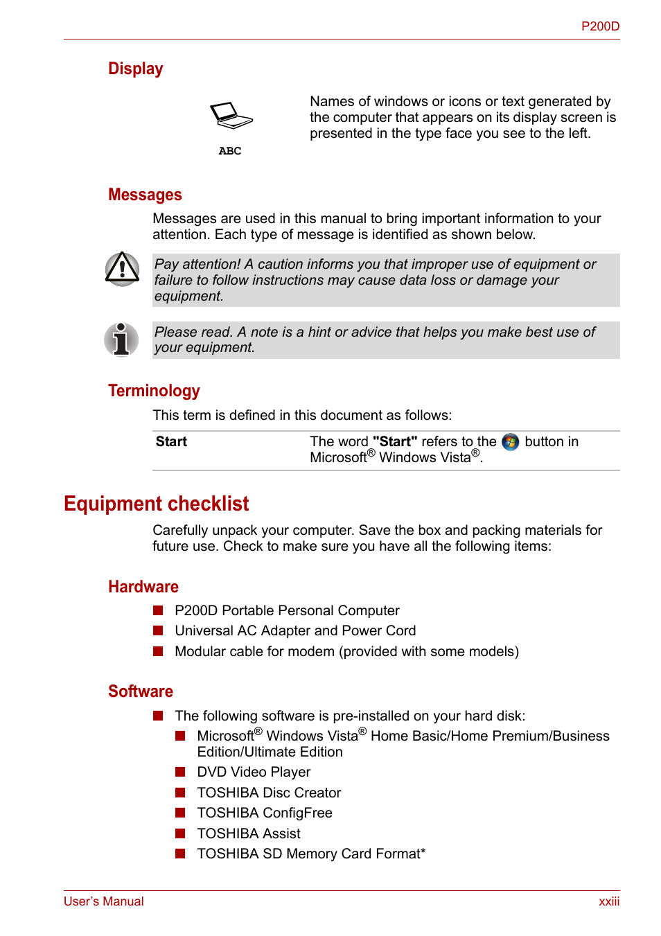 Equipment checklist, Display messages, Terminology | Hardware, Software | Toshiba Satellite P200 (PSPBL) User Manual | Page 23 / 191