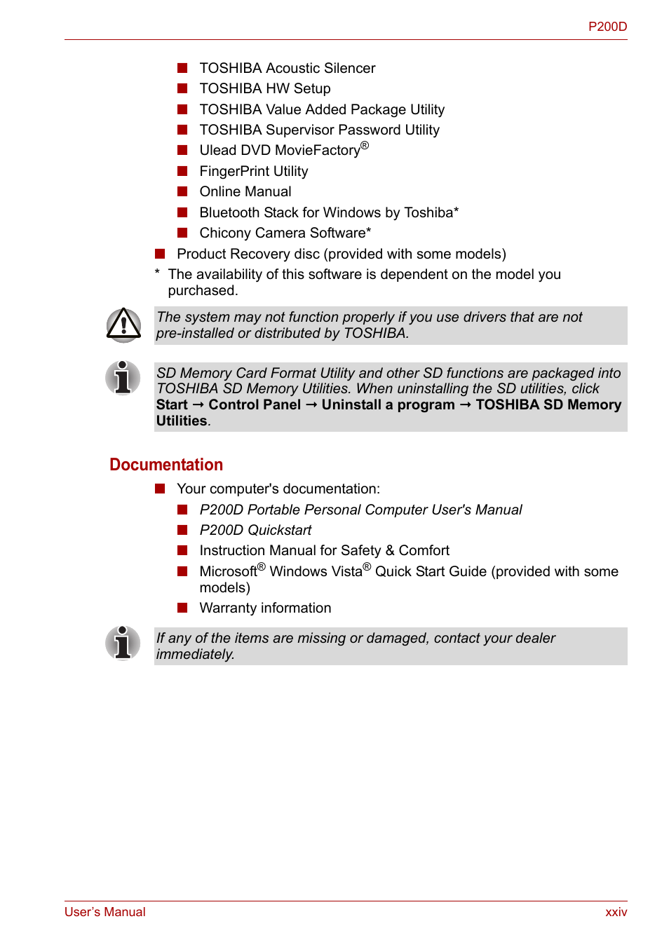 Documentation | Toshiba Satellite P200 (PSPBL) User Manual | Page 24 / 191