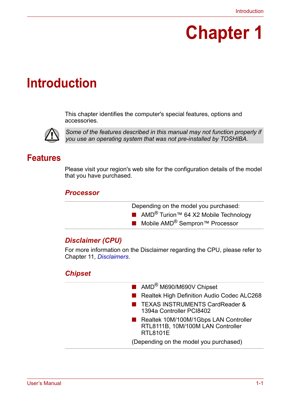 Chapter 1: introduction, Features, Chapter 1 | Introduction, Features -1, N of the, To l | Toshiba Satellite P200 (PSPBL) User Manual | Page 25 / 191