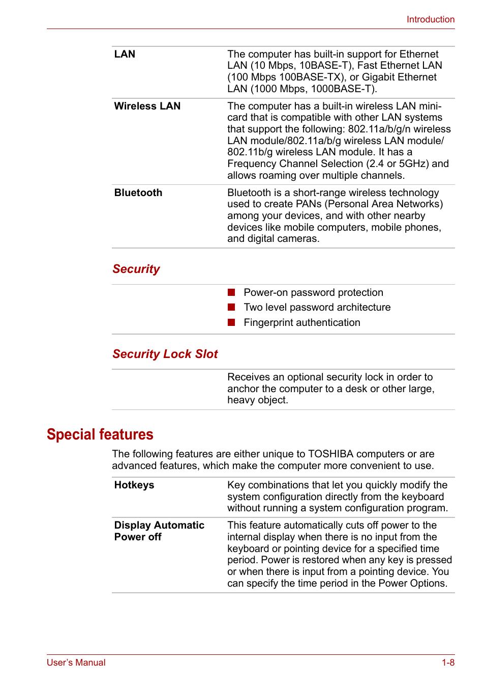 Special features, Special features -8 | Toshiba Satellite P200 (PSPBL) User Manual | Page 32 / 191