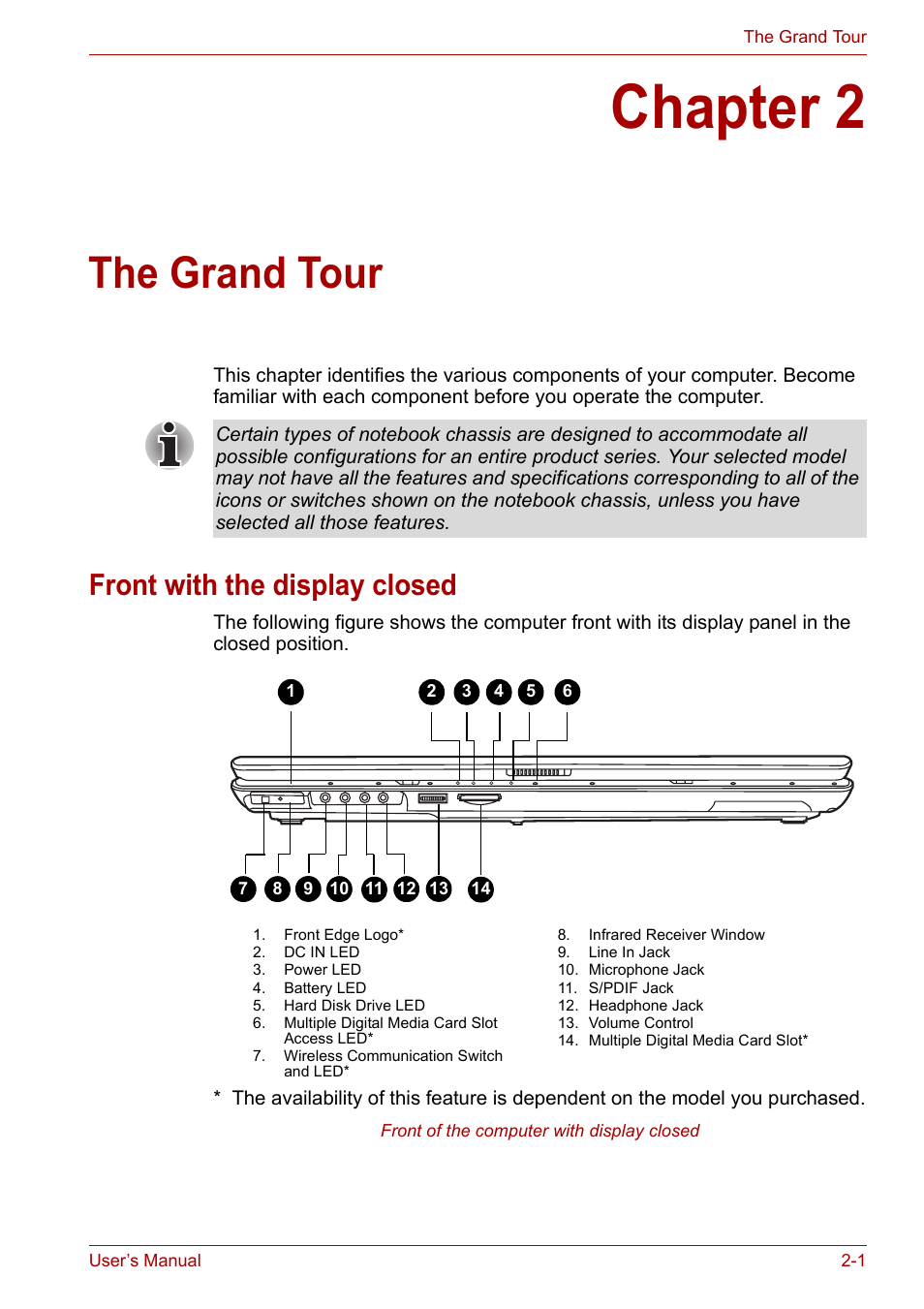 Chapter 2: the grand tour, Front with the display closed, Chapter 2 | The grand tour, Front with the display closed -1, Ter 2 | Toshiba Satellite P200 (PSPBL) User Manual | Page 38 / 191