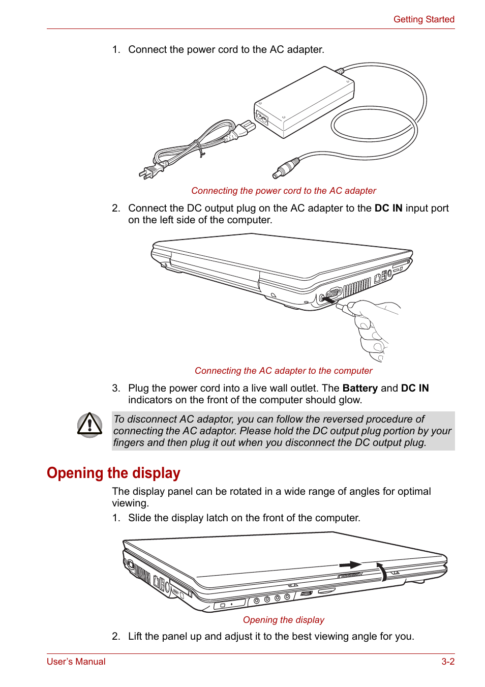 Opening the display, Opening the display -2 | Toshiba Satellite P200 (PSPBL) User Manual | Page 52 / 191