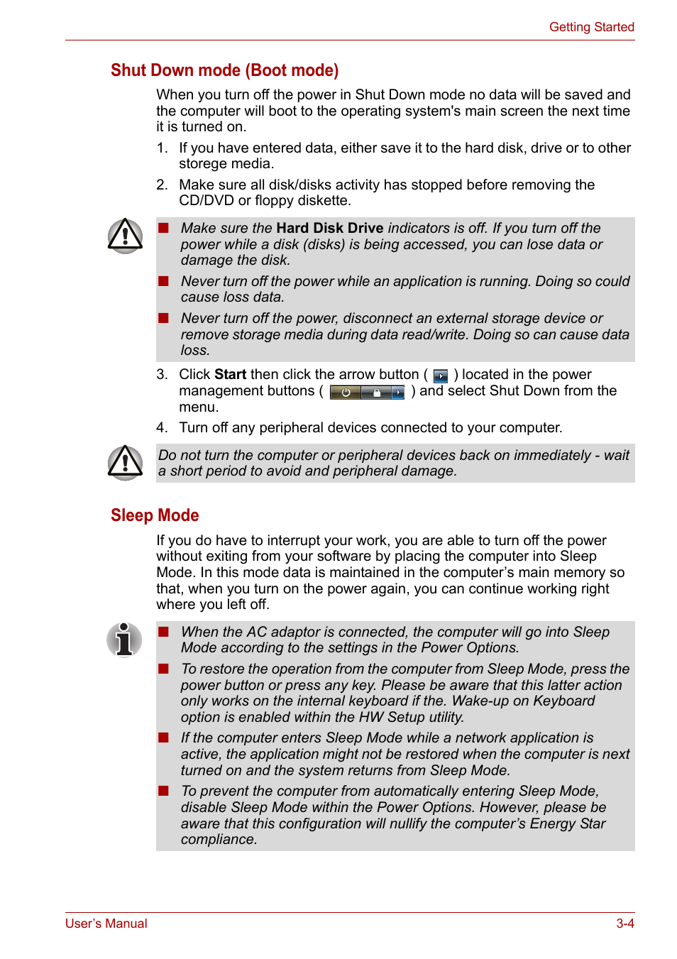 Shut down mode (boot mode), Sleep mode | Toshiba Satellite P200 (PSPBL) User Manual | Page 54 / 191