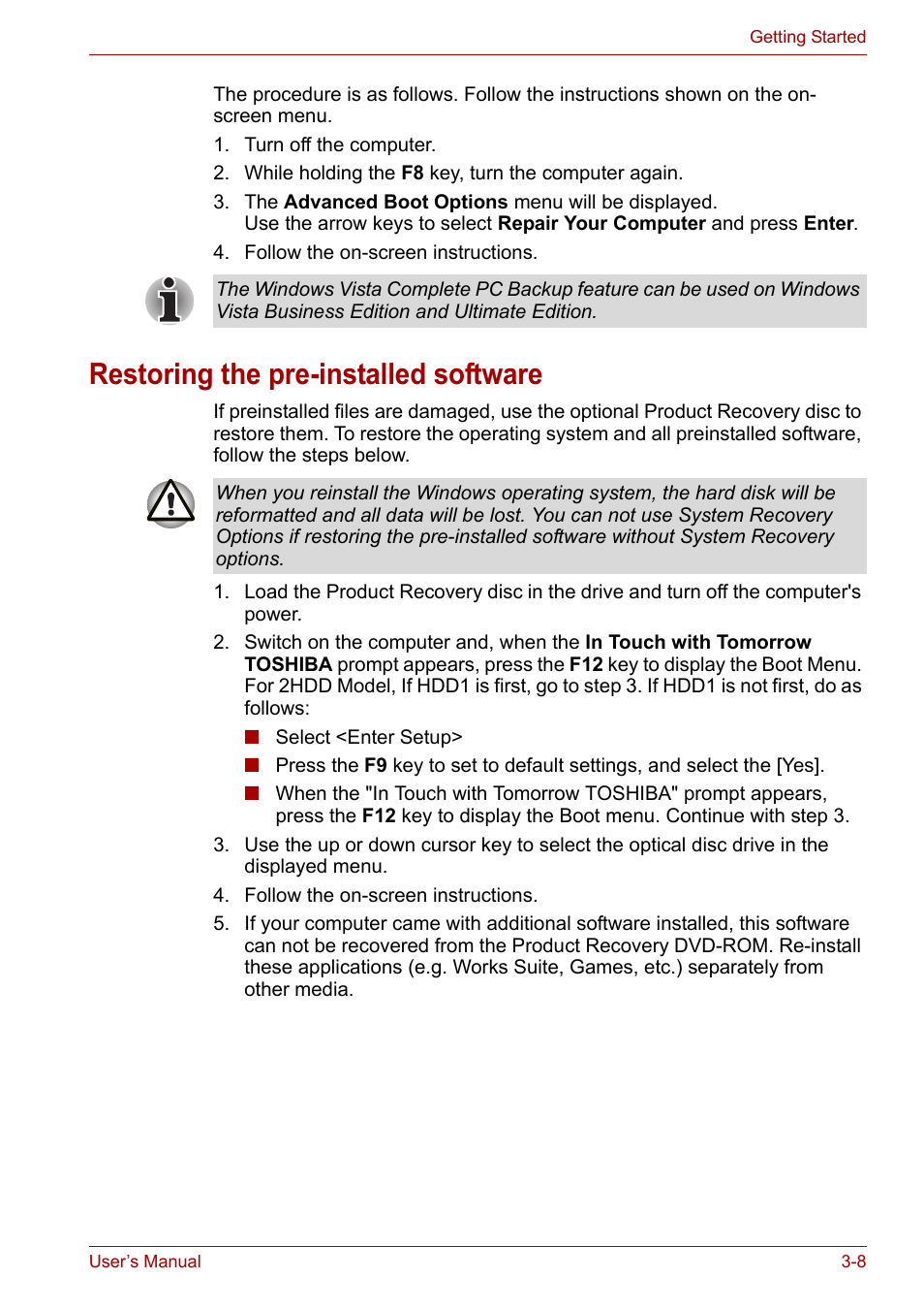 Restoring the pre-installed software, Restoring the pre-installed software -8 | Toshiba Satellite P200 (PSPBL) User Manual | Page 58 / 191