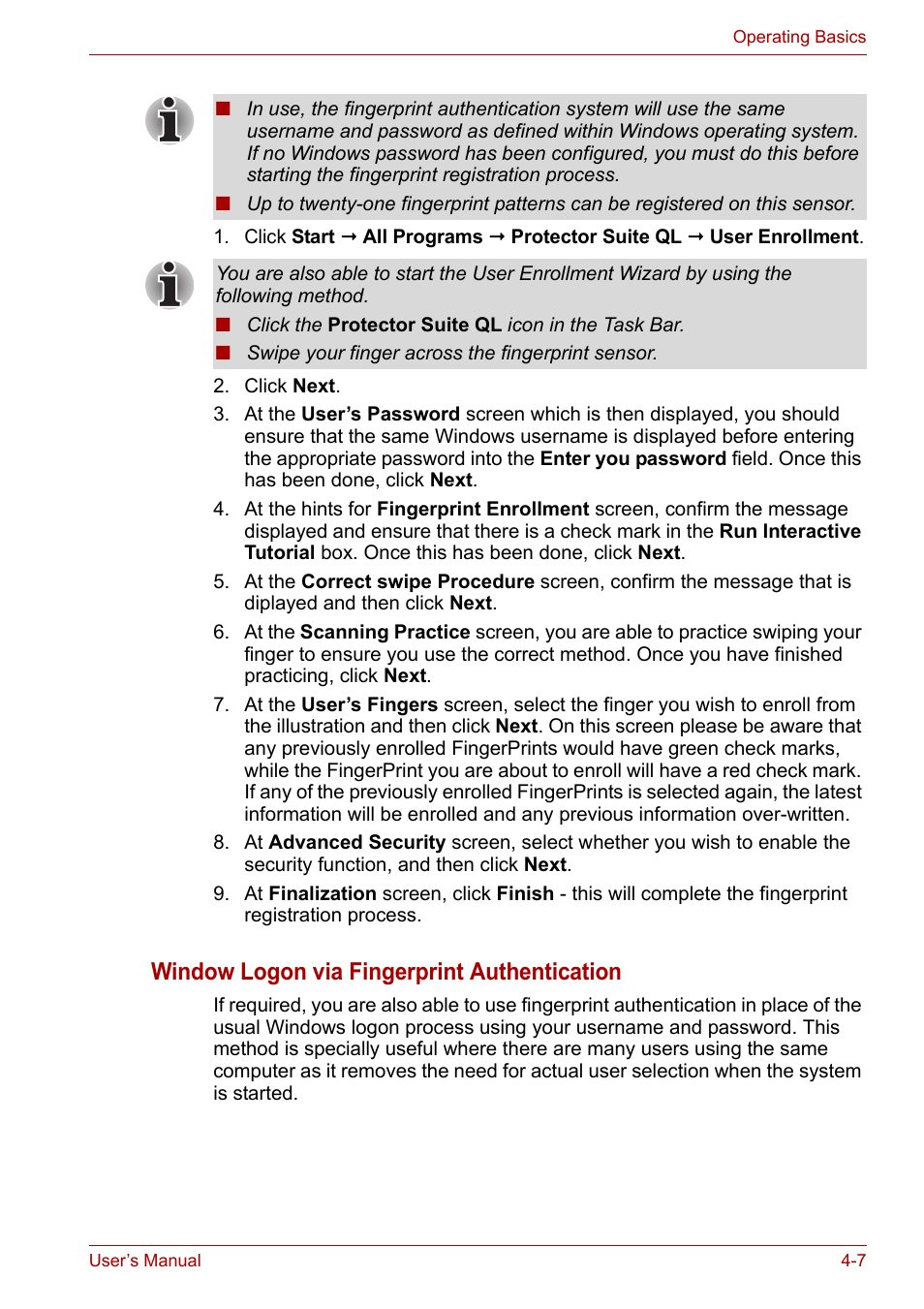 Window logon via fingerprint authentication | Toshiba Satellite P200 (PSPBL) User Manual | Page 65 / 191