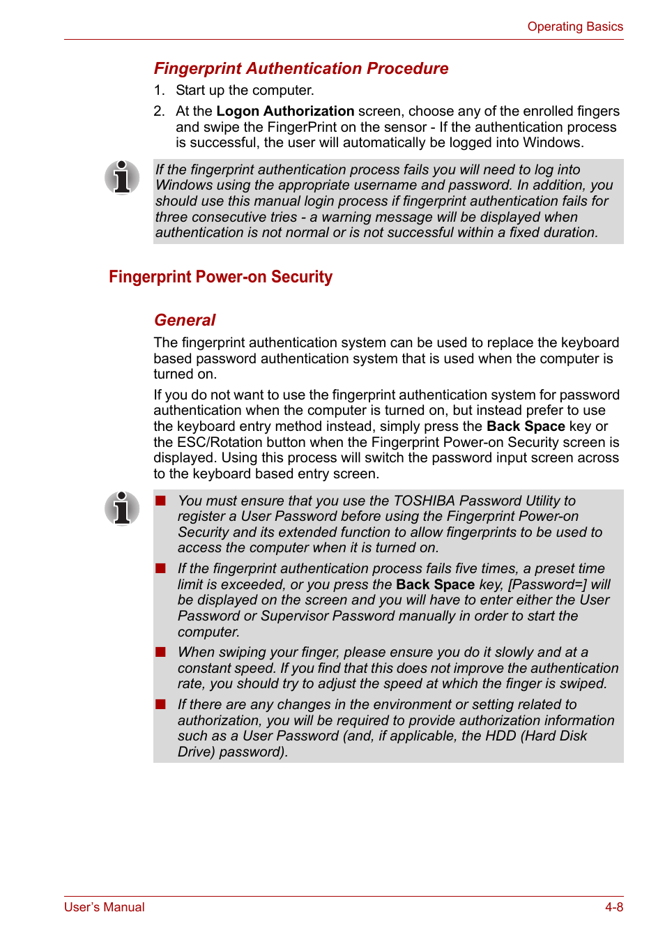 Fingerprint power-on security | Toshiba Satellite P200 (PSPBL) User Manual | Page 66 / 191