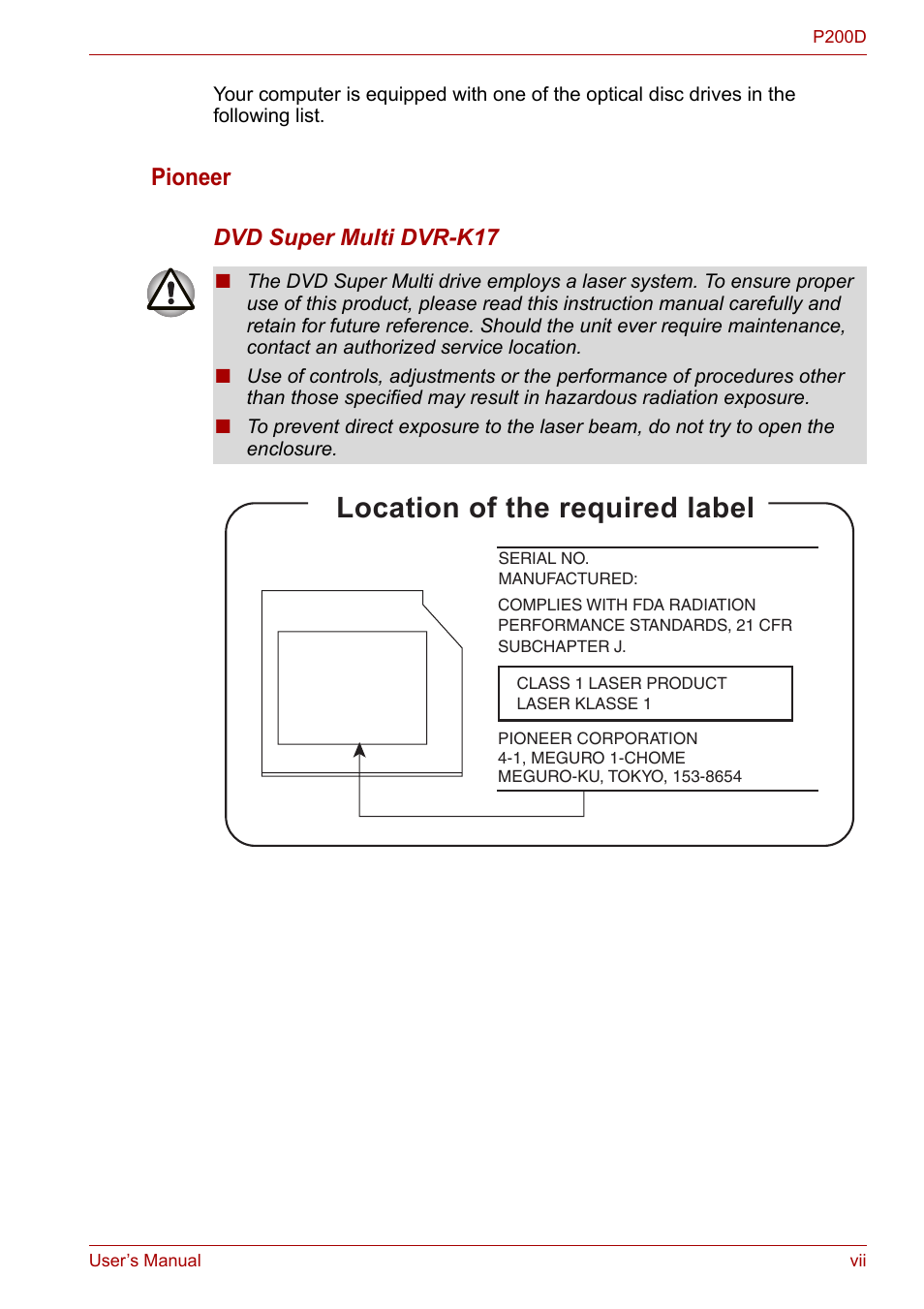 Location of the required label, Pioneer | Toshiba Satellite P200 (PSPBL) User Manual | Page 7 / 191