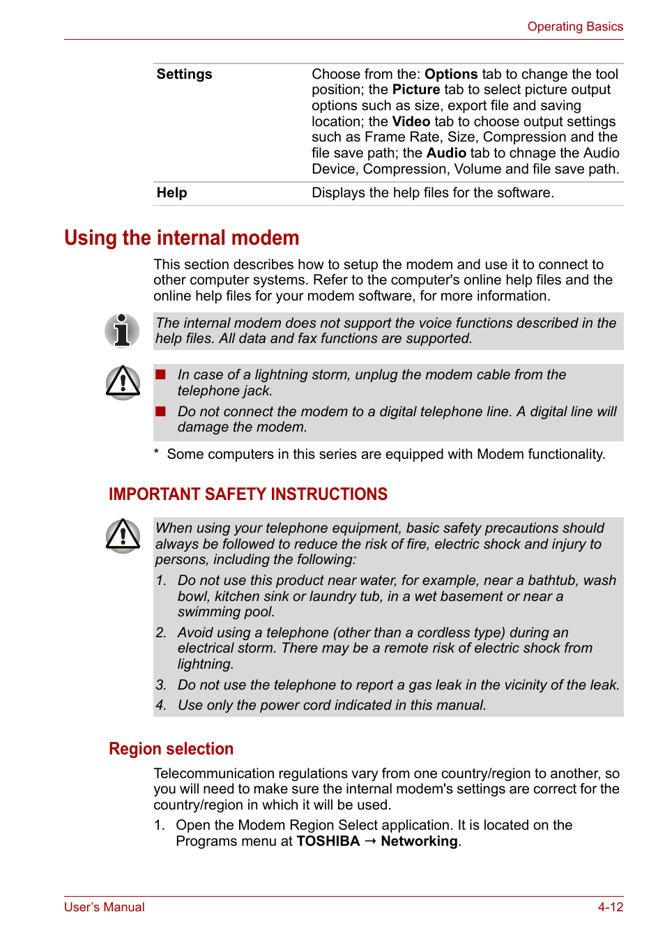 Using the internal modem, Using the internal modem -12, Important safety instructions region selection | Toshiba Satellite P200 (PSPBL) User Manual | Page 70 / 191