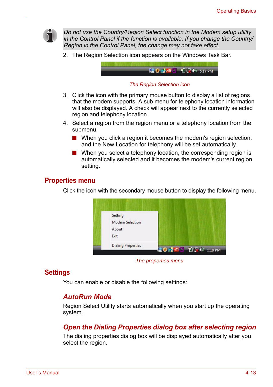 Properties menu, Settings | Toshiba Satellite P200 (PSPBL) User Manual | Page 71 / 191