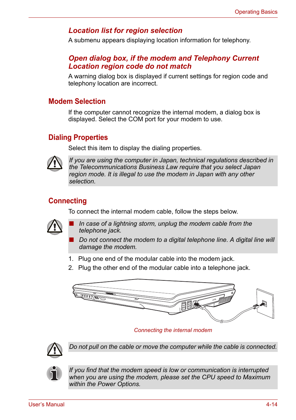 Modem selection, Dialing properties, Connecting | Toshiba Satellite P200 (PSPBL) User Manual | Page 72 / 191