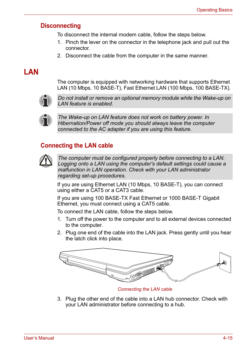 Lan -15, Disconnecting, Connecting the lan cable | Toshiba Satellite P200 (PSPBL) User Manual | Page 73 / 191