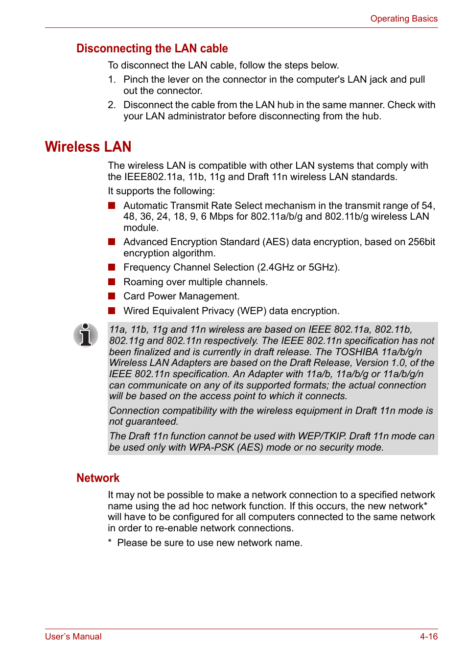 Wireless lan, Wireless lan -16, Disconnecting the lan cable | Network | Toshiba Satellite P200 (PSPBL) User Manual | Page 74 / 191