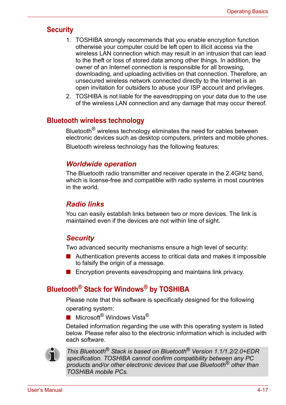 Security, Bluetooth wireless technology, Bluetooth | Stack for windows, By toshiba | Toshiba Satellite P200 (PSPBL) User Manual | Page 75 / 191