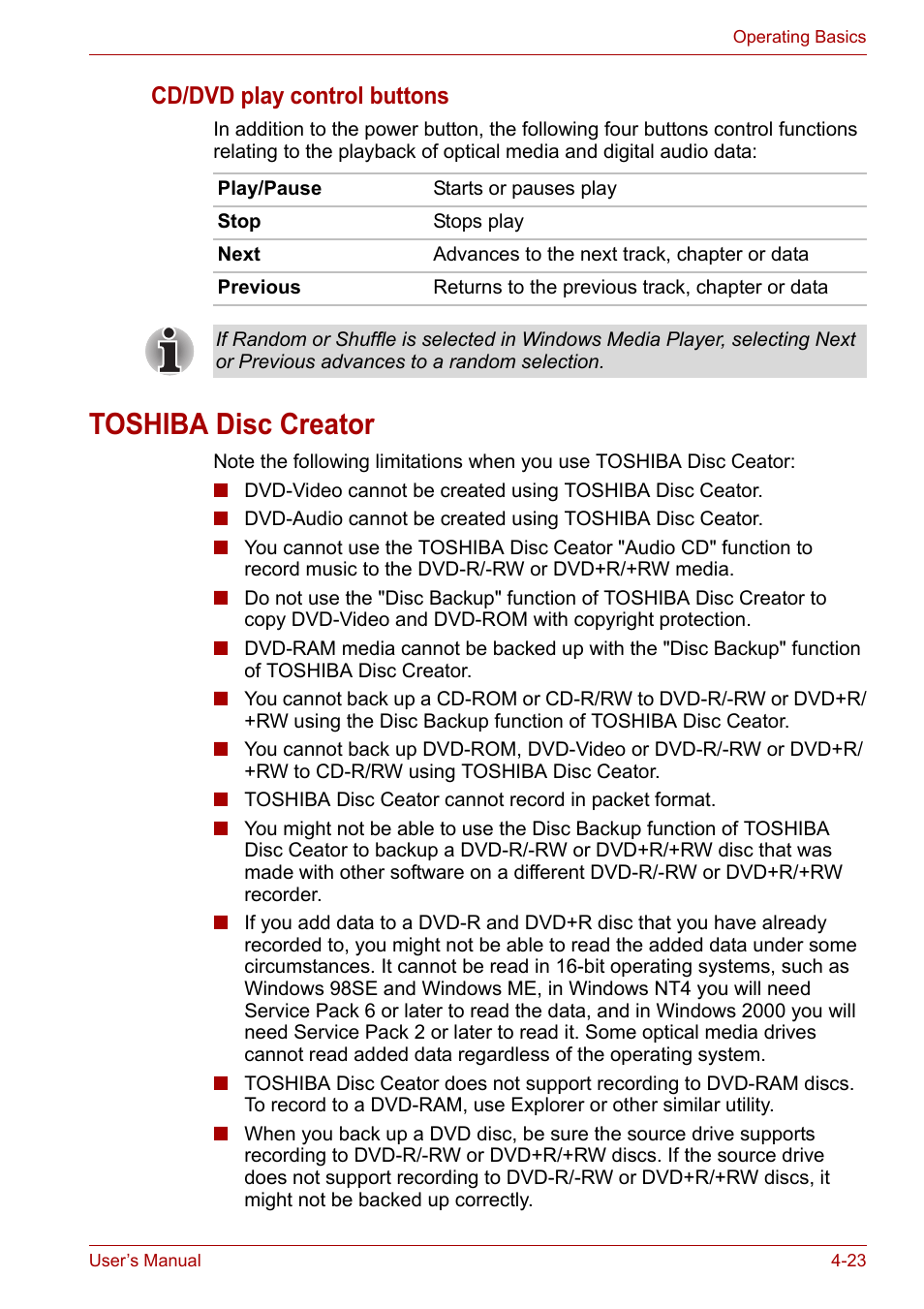 Toshiba disc creator, Toshiba disc creator -23, Cd/dvd play control buttons | Toshiba Satellite P200 (PSPBL) User Manual | Page 81 / 191