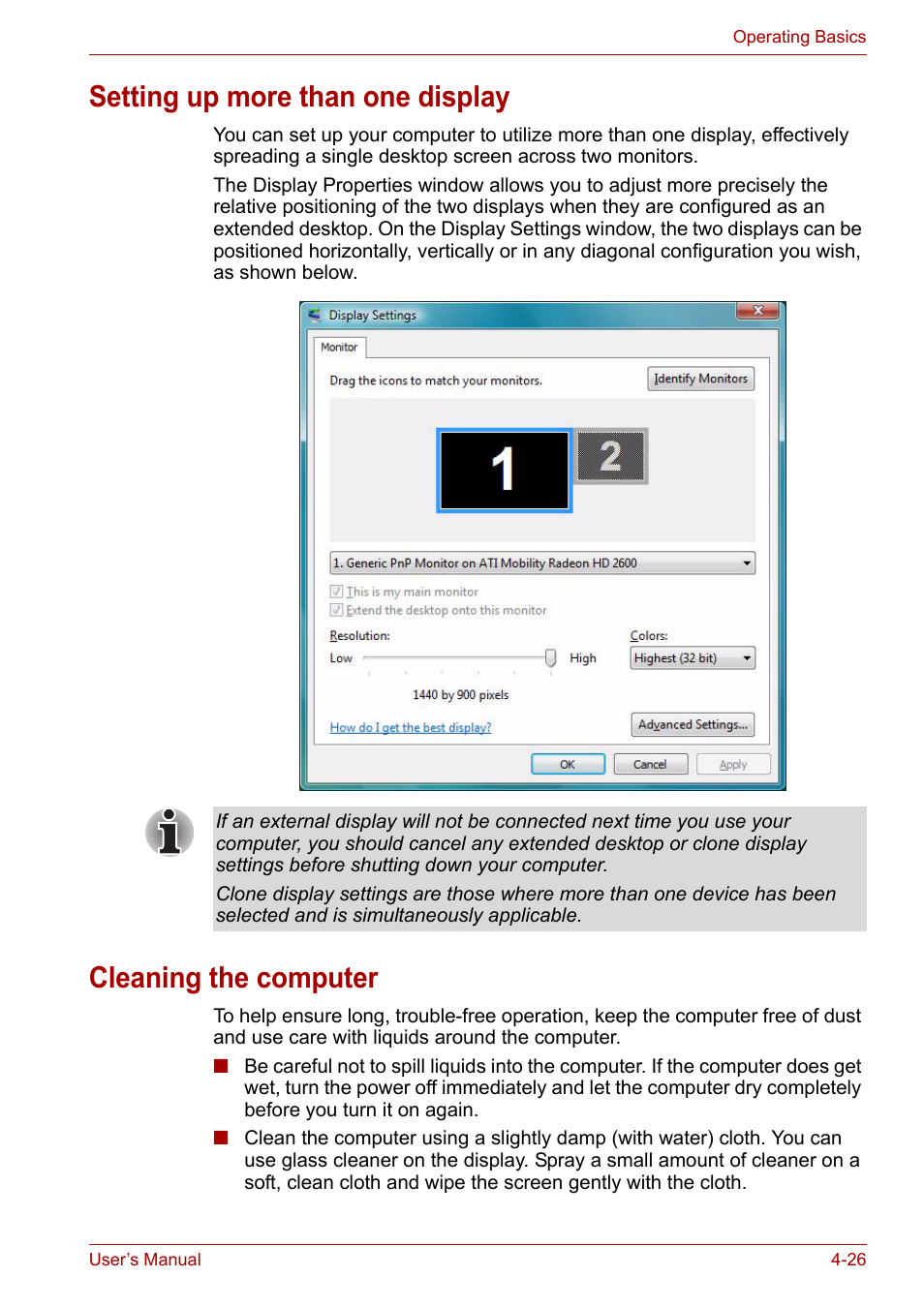 Setting up more than one display, Cleaning the computer | Toshiba Satellite P200 (PSPBL) User Manual | Page 84 / 191