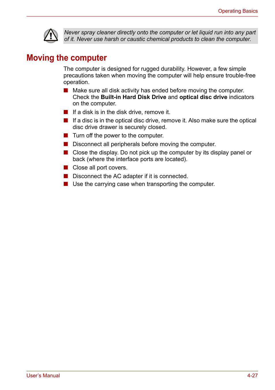 Moving the computer, Moving the computer -27 | Toshiba Satellite P200 (PSPBL) User Manual | Page 85 / 191