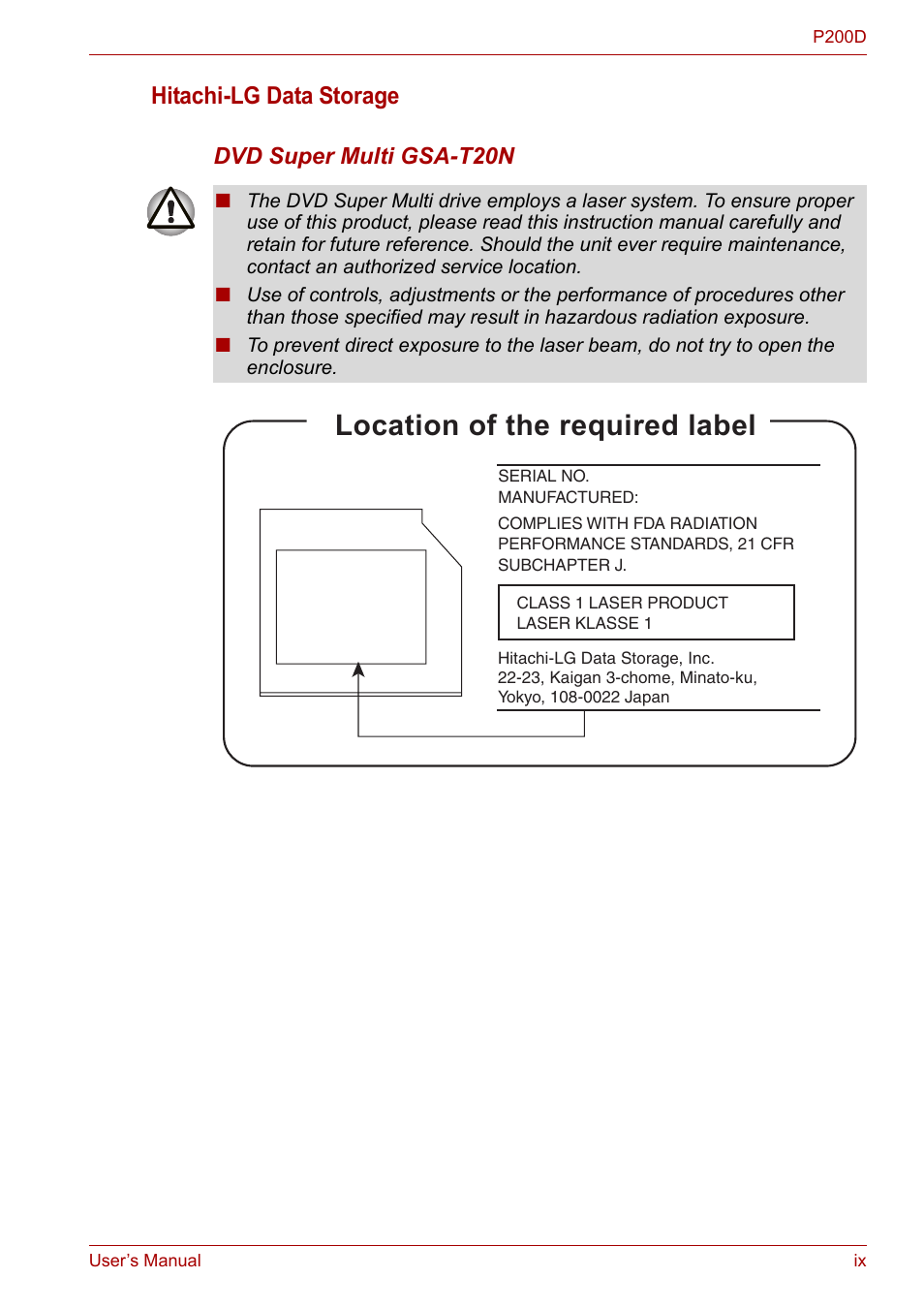 Location of the required label, Hitachi-lg data storage | Toshiba Satellite P200 (PSPBL) User Manual | Page 9 / 191