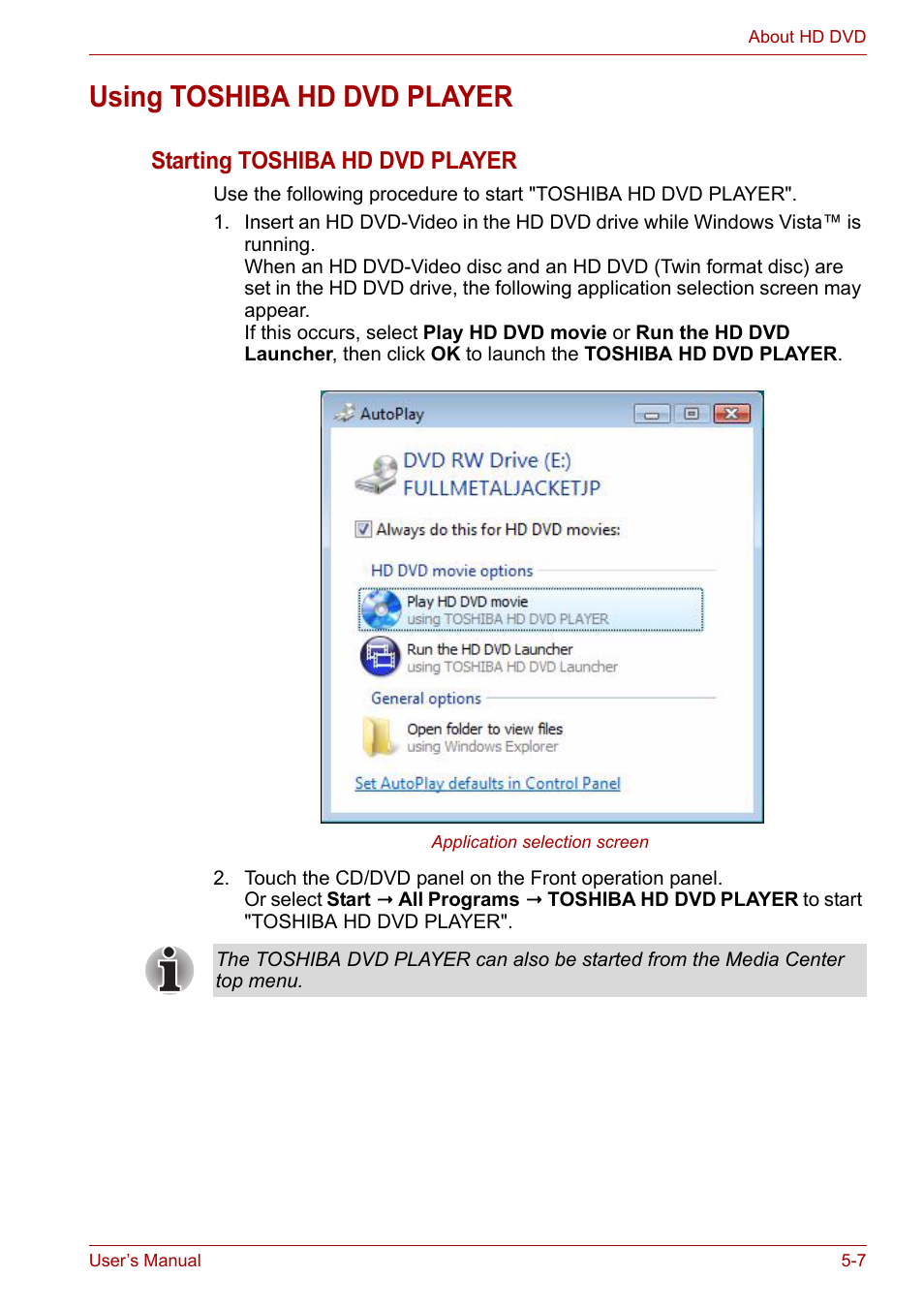 Using toshiba hd dvd player, Using toshiba hd dvd player -7, Starting toshiba hd dvd player | Toshiba Satellite P200 (PSPBL) User Manual | Page 92 / 191