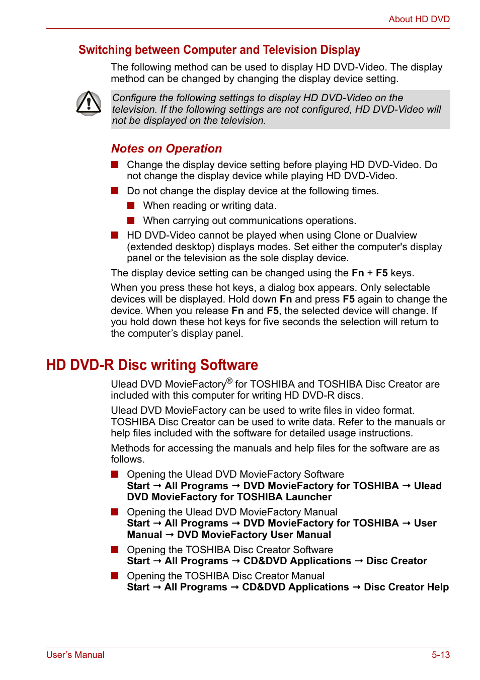 Hd dvd-r disc writing software, Hd dvd-r disc writing software -13, Switching between computer and television display | Toshiba Satellite P200 (PSPBL) User Manual | Page 98 / 191