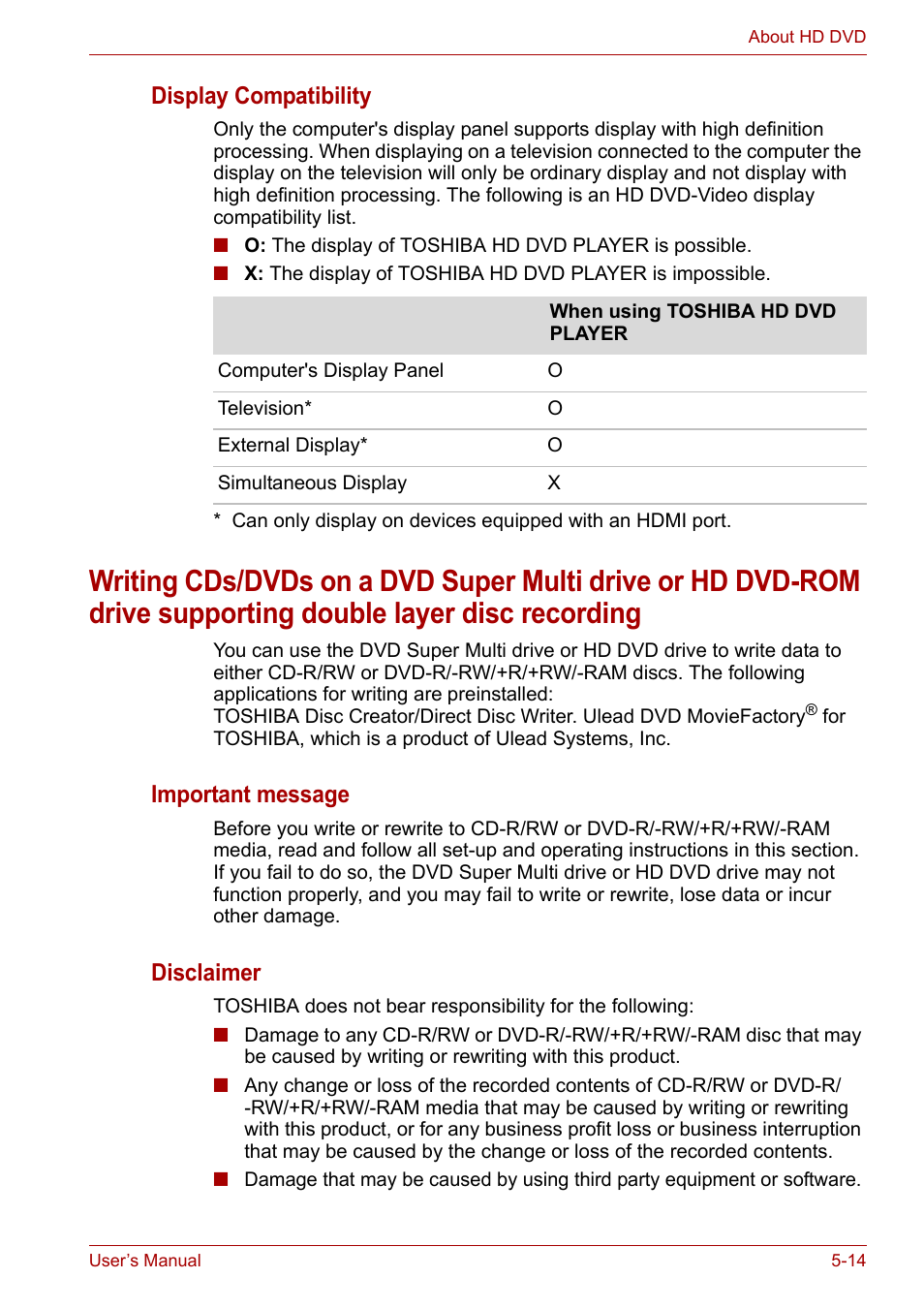 Display compatibility, Important message, Disclaimer | Toshiba Satellite P200 (PSPBL) User Manual | Page 99 / 191