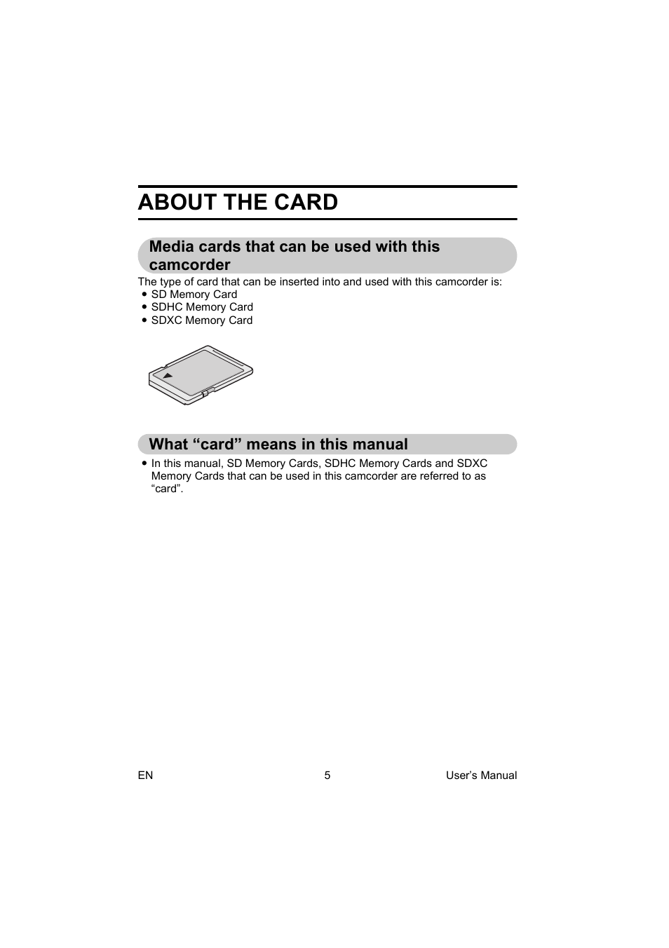 About the card, Media cards that can be used with this camcorder, What “card” means in this manual | Toshiba Camileo BW10 User Manual | Page 18 / 63