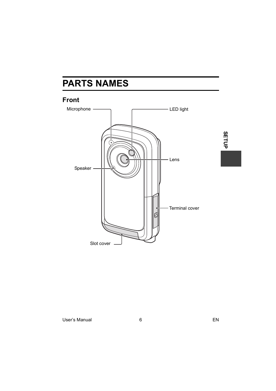 Setup, Parts names, Front | Toshiba Camileo BW10 User Manual | Page 19 / 63