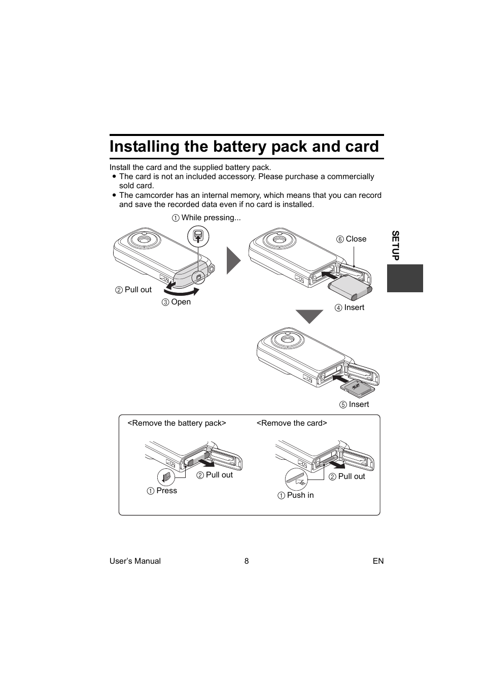 Installing the battery pack and card | Toshiba Camileo BW10 User Manual | Page 21 / 63