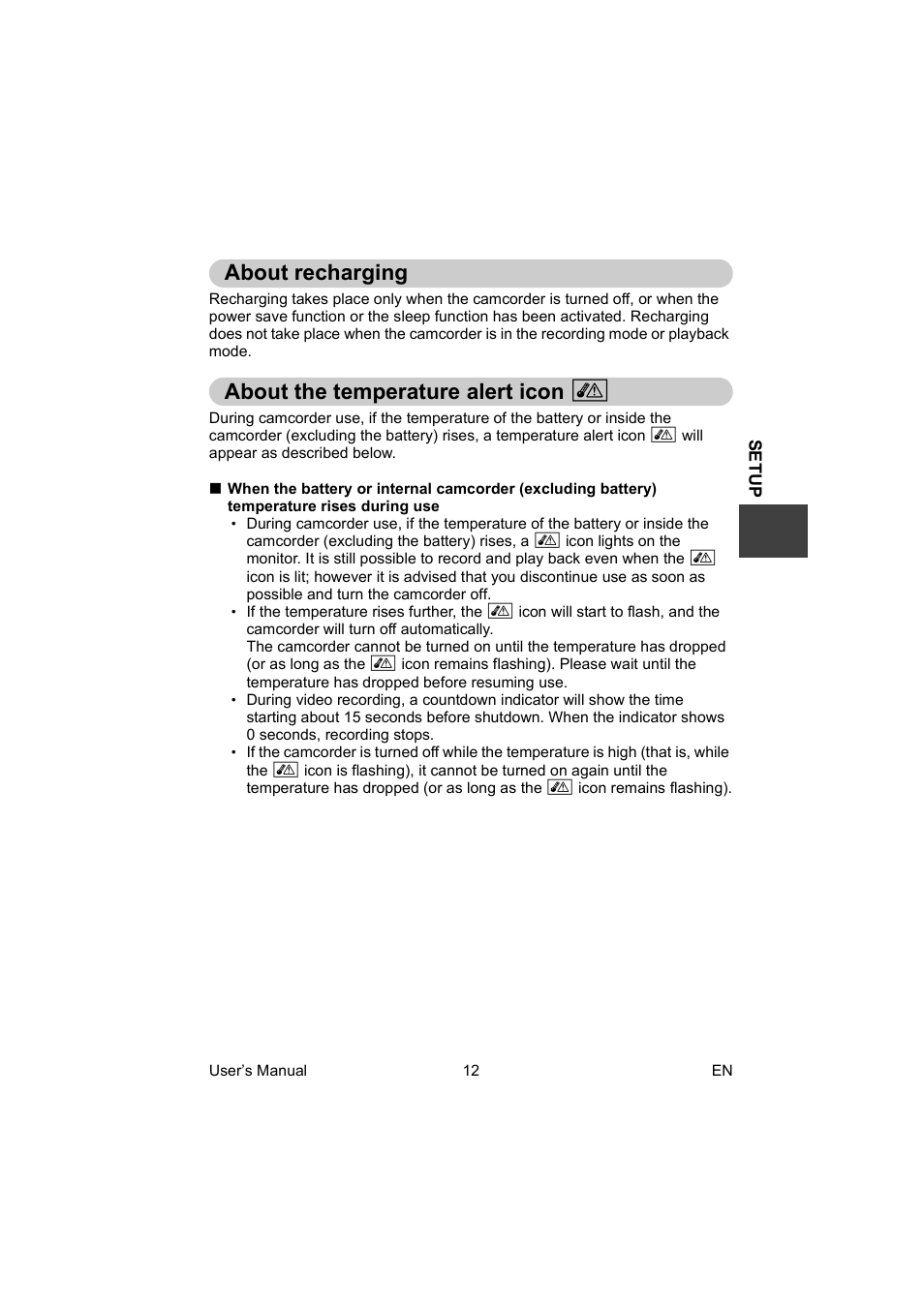 About recharging, About the temperature alert icon, About recharging about the temperature alert icon | Toshiba Camileo BW10 User Manual | Page 25 / 63