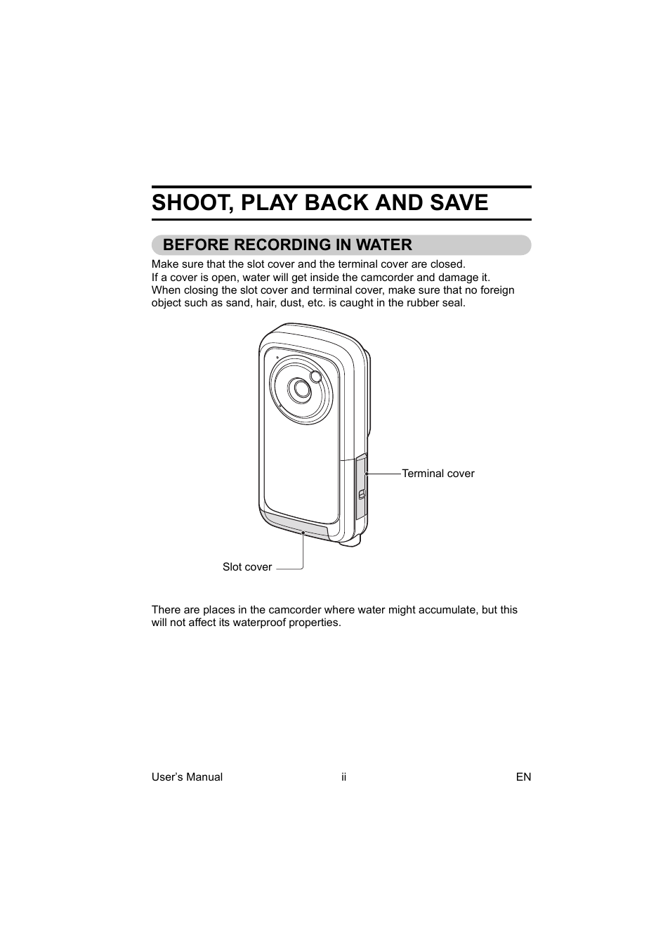 Shoot, play back and save, Before recording in water | Toshiba Camileo BW10 User Manual | Page 3 / 63