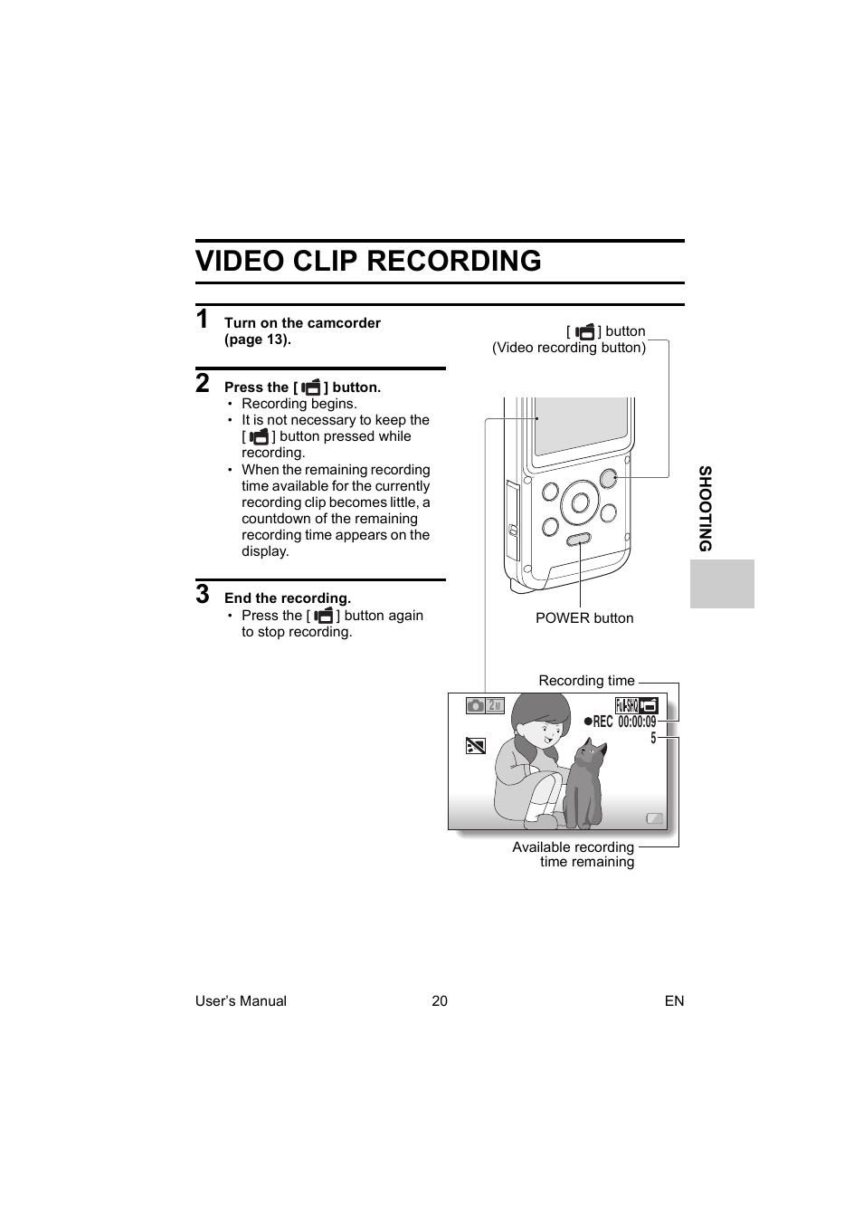 Shooting, Video clip recording | Toshiba Camileo BW10 User Manual | Page 33 / 63