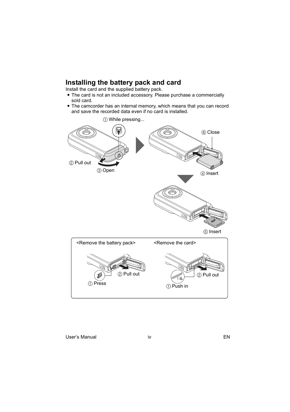 Installing the battery pack and card | Toshiba Camileo BW10 User Manual | Page 5 / 63