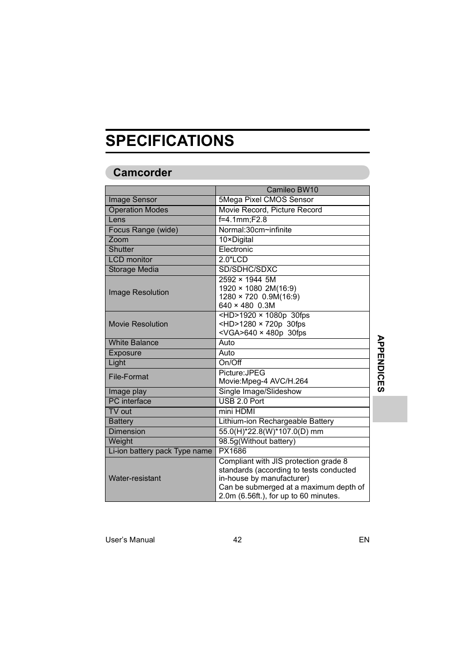 Specifications, Camcorder | Toshiba Camileo BW10 User Manual | Page 55 / 63