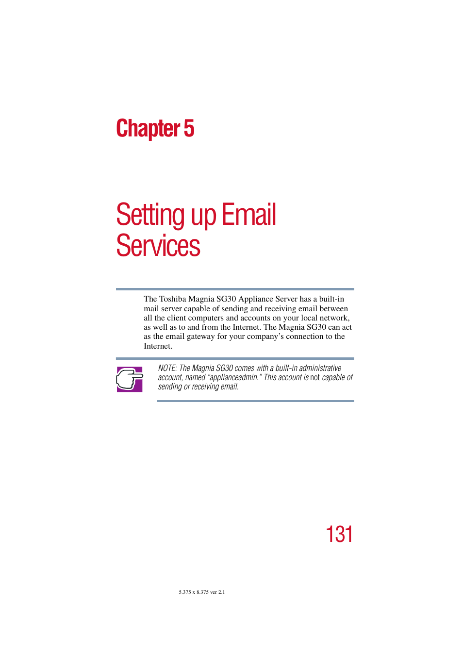 Setting up email services, Chapter 5: setting up email services, Chapter 5 | Toshiba Magnia SG30 User Manual | Page 125 / 296