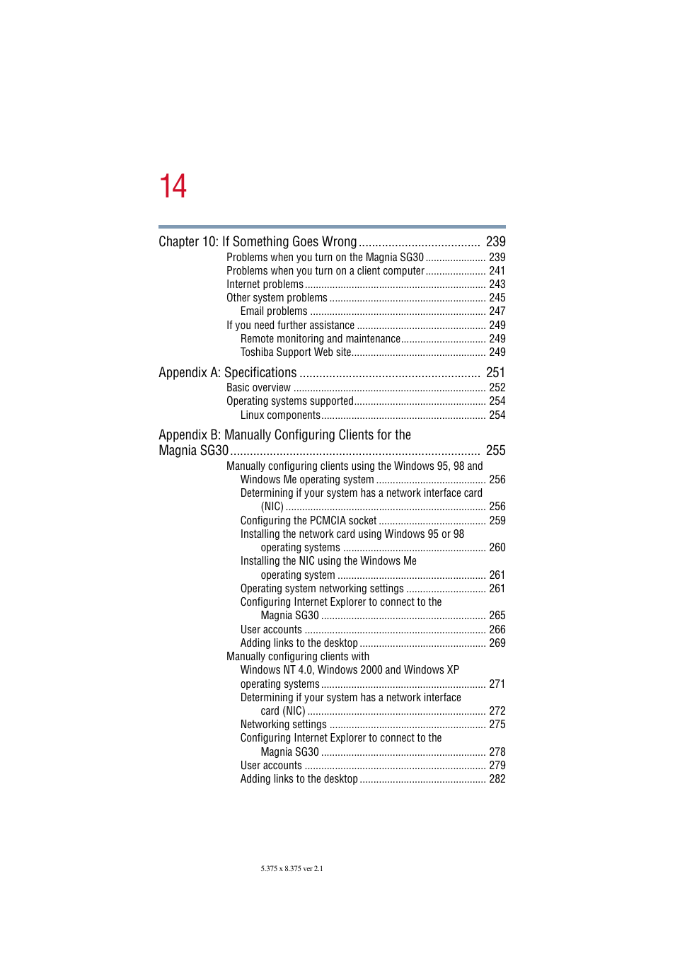 Chapter 10: if something goes wrong 239, Appendix a: specifications 251 | Toshiba Magnia SG30 User Manual | Page 13 / 296