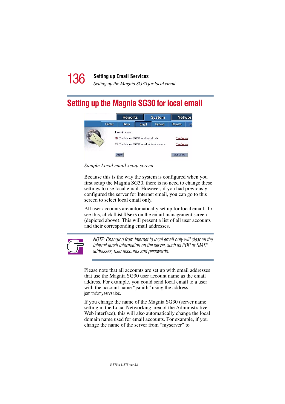 Setting up the magnia sg30 for local email, Setting up the magnia sg30 for | Toshiba Magnia SG30 User Manual | Page 130 / 296