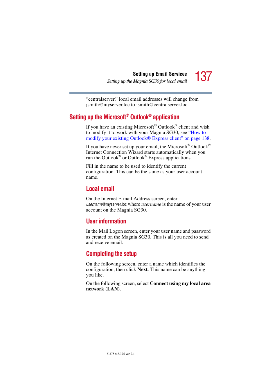 Setting up the microsoft® outlook® application, Setting up the microsoft, Outlook | Application, Local email, User information, Completing the setup | Toshiba Magnia SG30 User Manual | Page 131 / 296