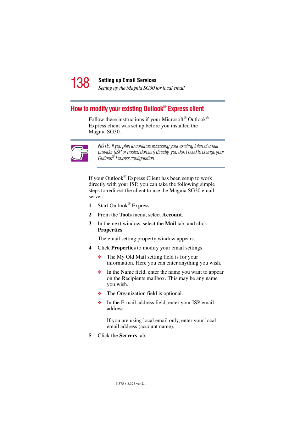 How to modify your existing outlook, Express client | Toshiba Magnia SG30 User Manual | Page 132 / 296
