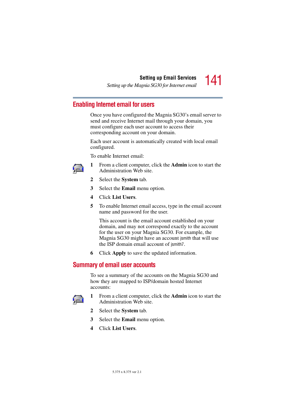 Enabling internet email for users, Summary of email user accounts | Toshiba Magnia SG30 User Manual | Page 135 / 296