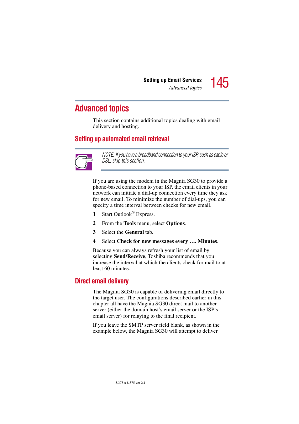 Advanced topics, Setting up automated email retrieval, Direct email delivery | Toshiba Magnia SG30 User Manual | Page 139 / 296
