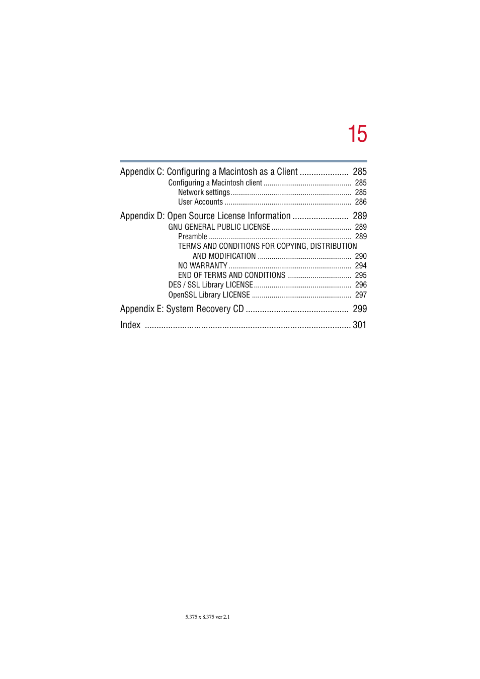 Appendix d: open source license information 289, Appendix e: system recovery cd 299, Index 301 | Toshiba Magnia SG30 User Manual | Page 14 / 296