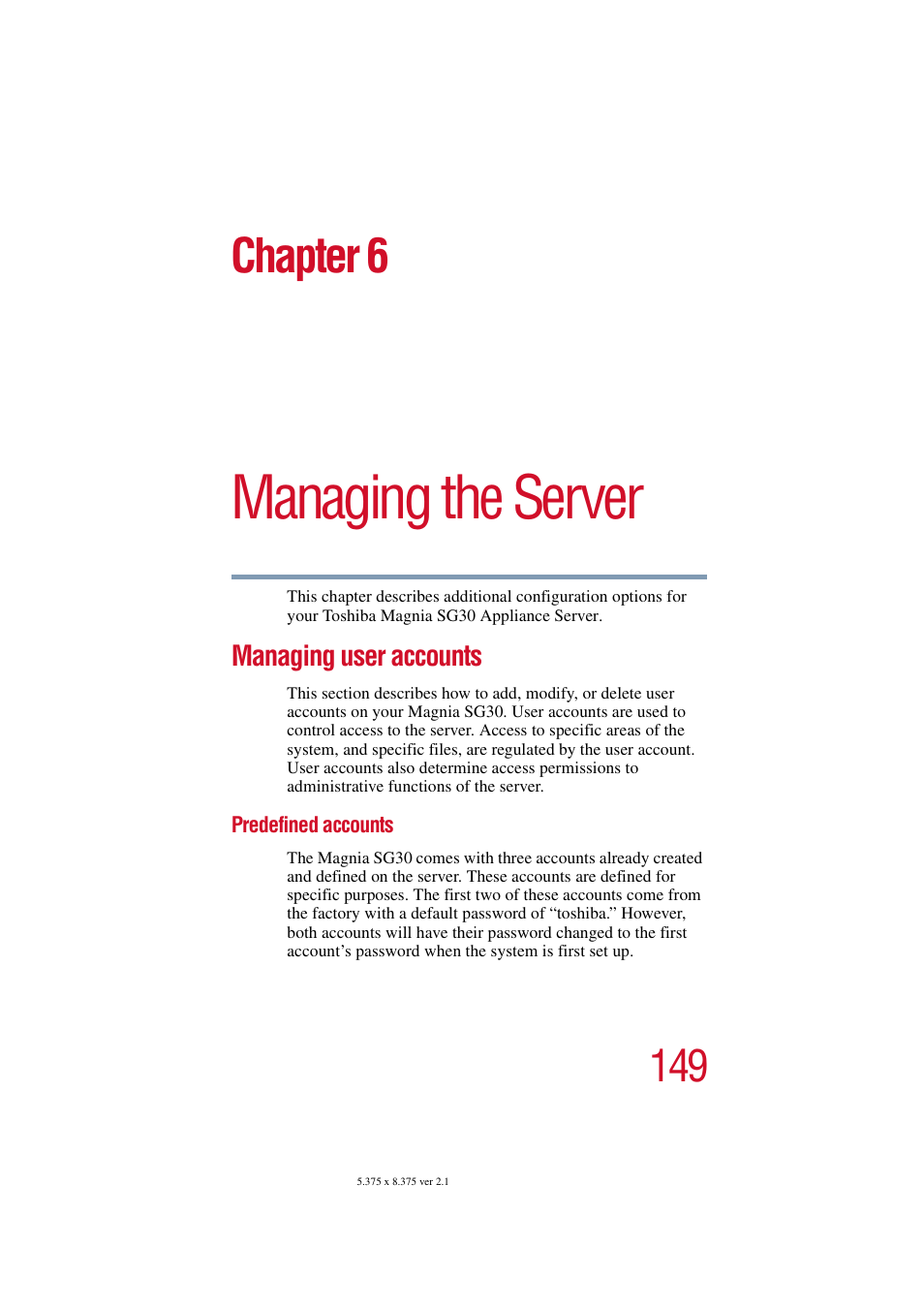 Managing the server, Managing user accounts, Predefined accounts | Chapter 6: managing the server, Chapter 6 | Toshiba Magnia SG30 User Manual | Page 142 / 296