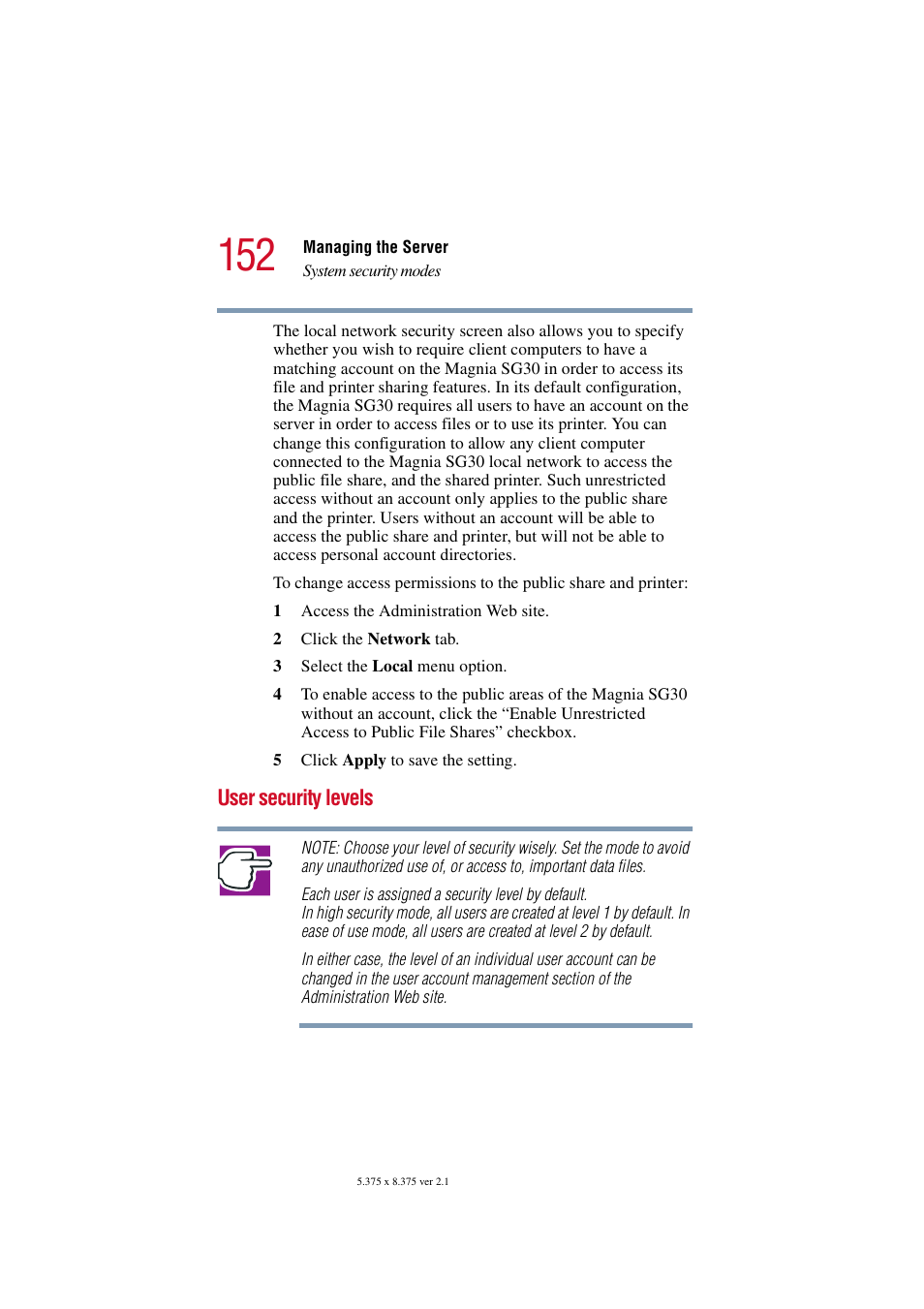 User security levels | Toshiba Magnia SG30 User Manual | Page 145 / 296