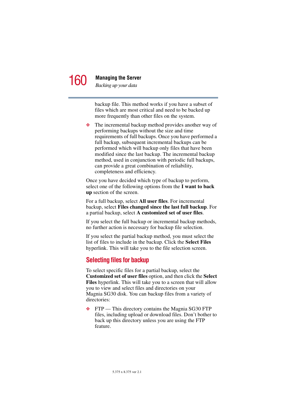 Selecting files for backup | Toshiba Magnia SG30 User Manual | Page 153 / 296