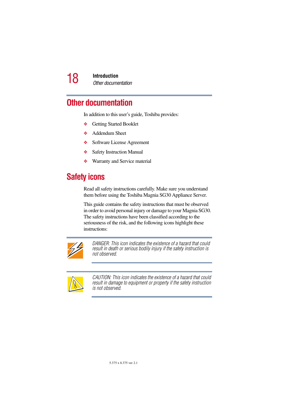 Other documentation, Safety icons, Other documentation safety icons | Toshiba Magnia SG30 User Manual | Page 16 / 296