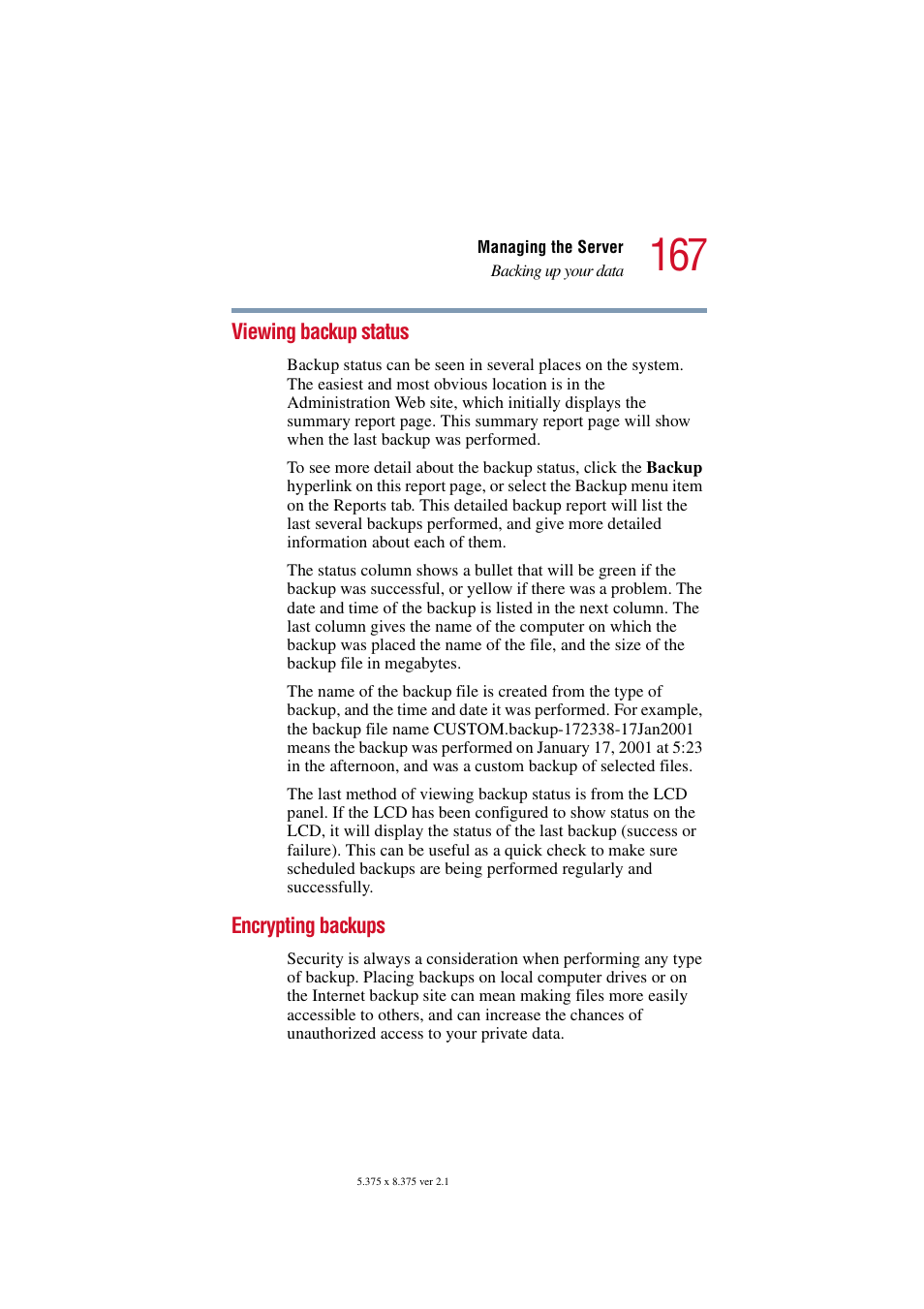 Viewing backup status, Encrypting backups, Viewing backup status encrypting backups | Toshiba Magnia SG30 User Manual | Page 160 / 296
