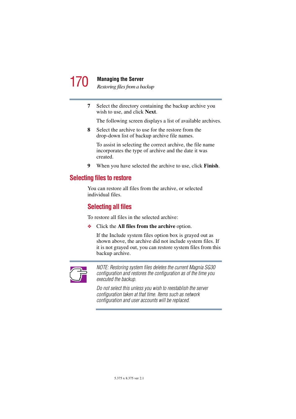 Selecting files to restore, Selecting all files | Toshiba Magnia SG30 User Manual | Page 163 / 296