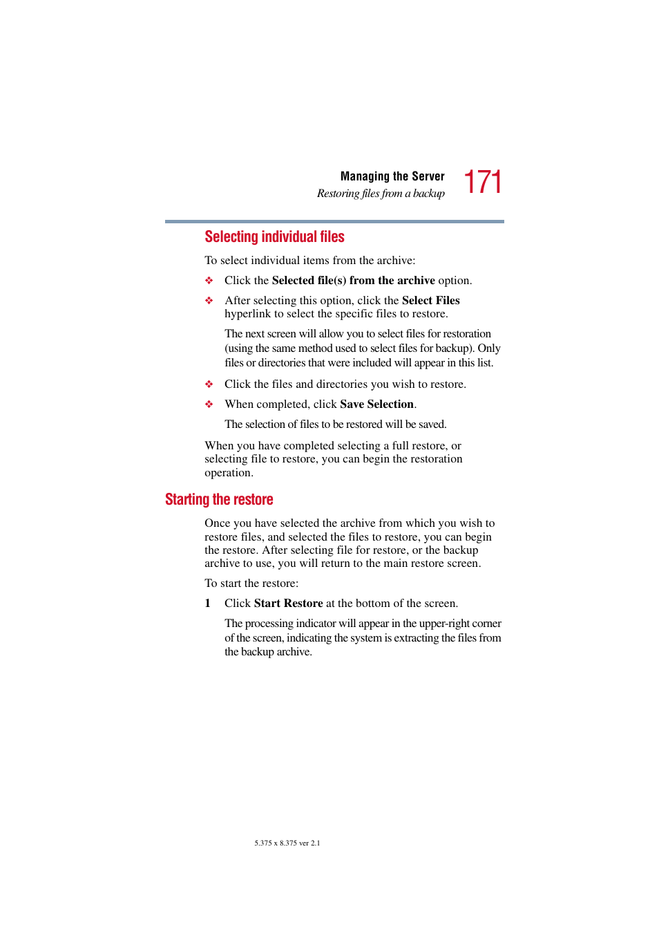 Starting the restore, Selecting individual files | Toshiba Magnia SG30 User Manual | Page 164 / 296